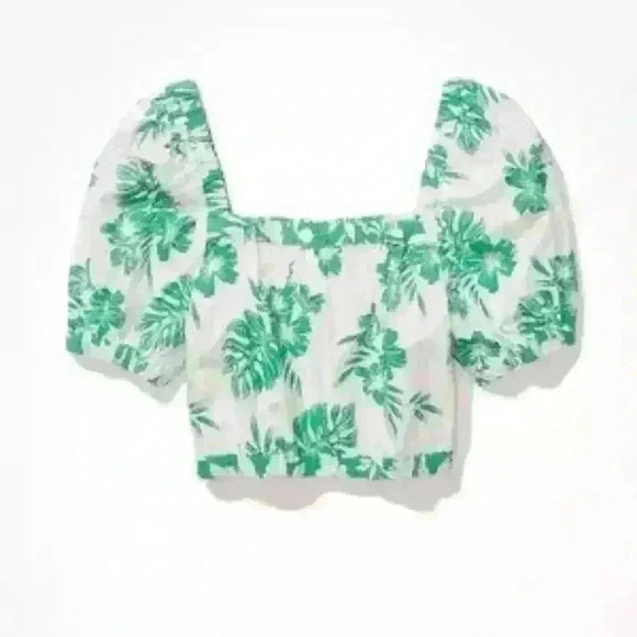 American Eagle Tropical Leaf Print Puff Sleeve Crop Top sz small - Picture 2 of 10